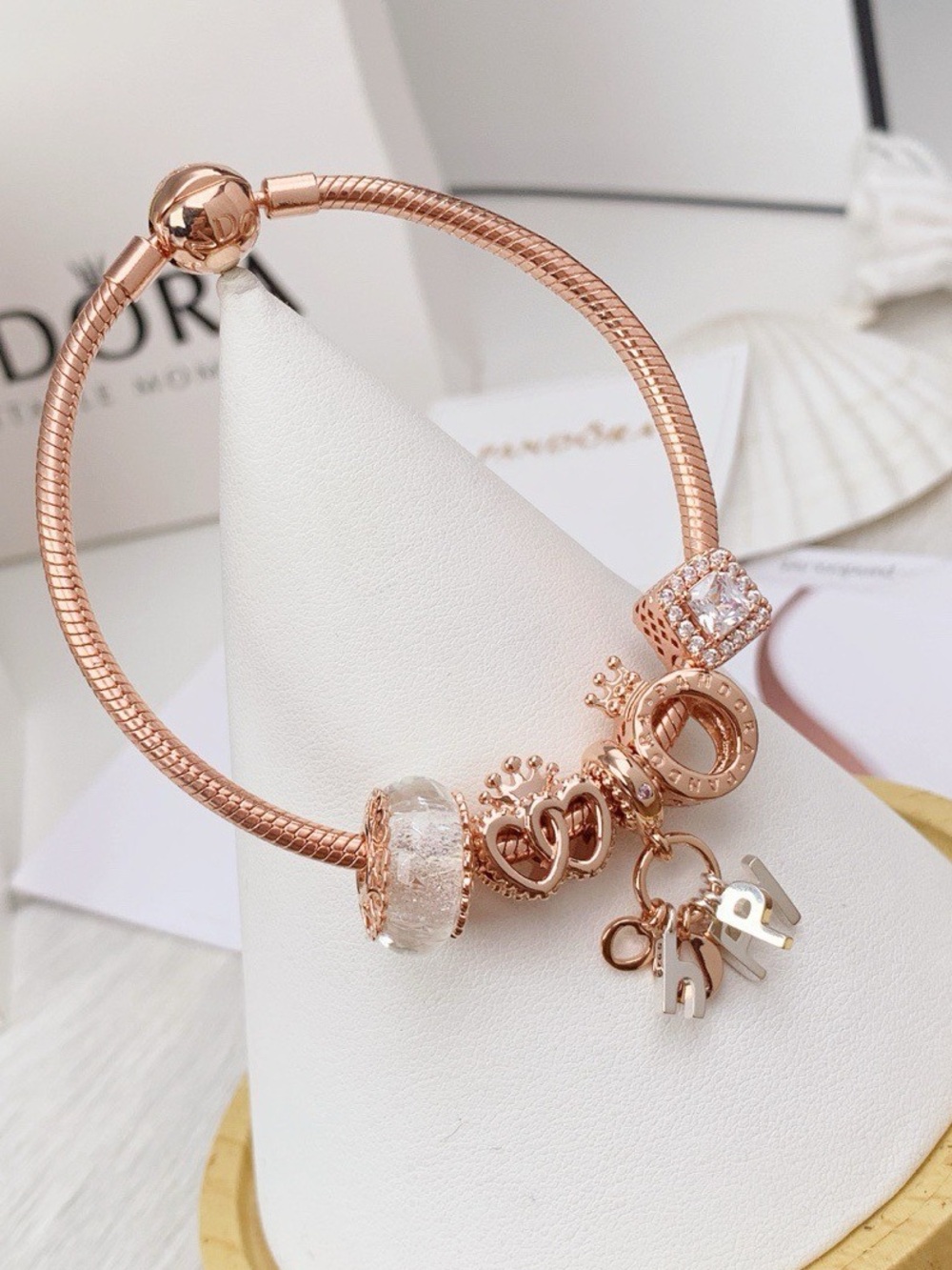 Pandora Rose Gold Charm Bracelet with Crown, Crystal & Initial Dangles